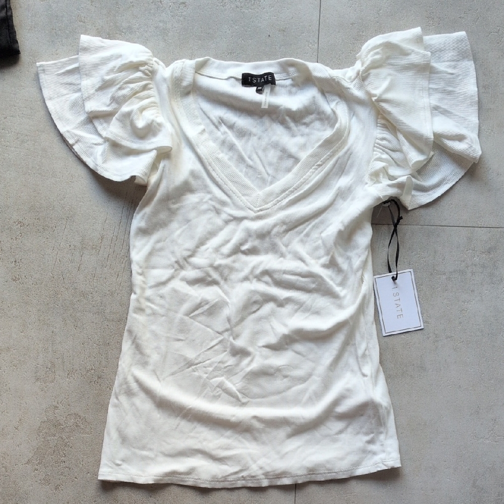 STATE Ivory Ruffle Sleeve V-Neck Top
